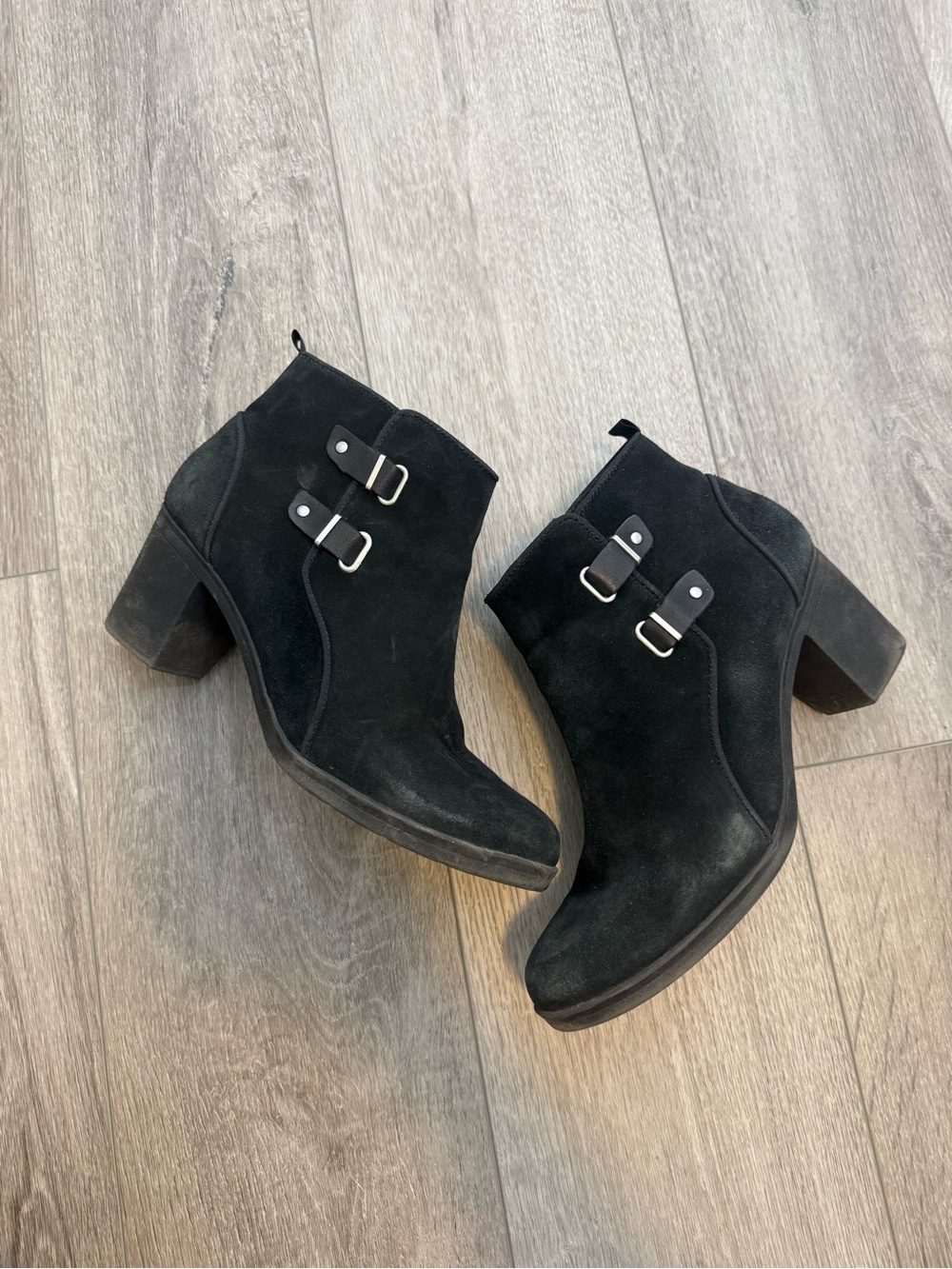 Clarks Black Suede Ankle Booties with Double Buckles size 10